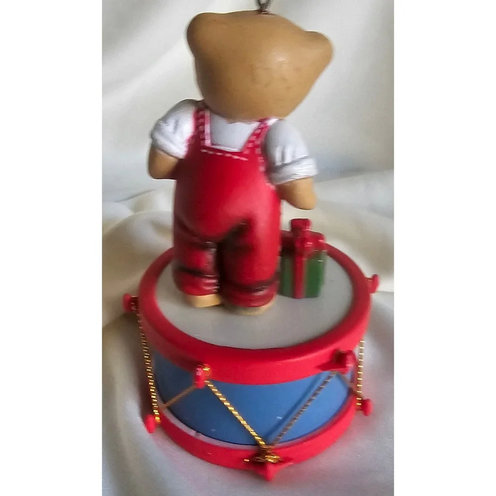 Vintage Christmas Teddy Bear on Drum Ornament Red Overalls Tree Figurine